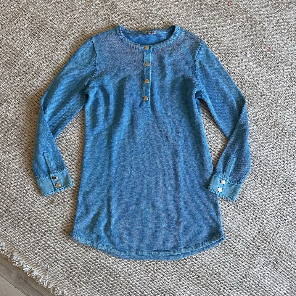 PBJ blues Knit Cotton Ramie Button Up Tunic With Denim Sleeves Size Medium